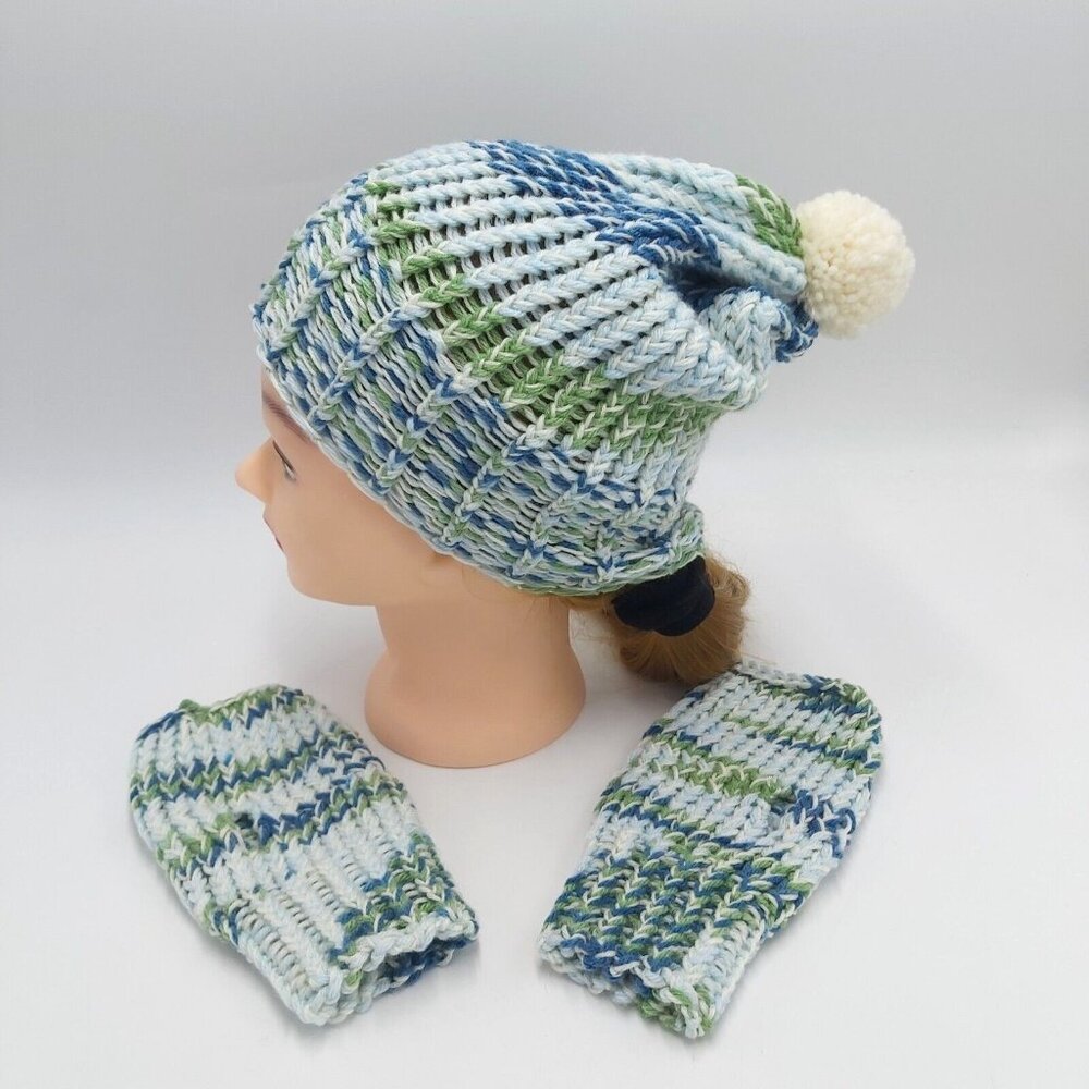 Fingerless Gloves Beanie Hat Toque Pompom Small Blue Green Handmade Loom Knit
